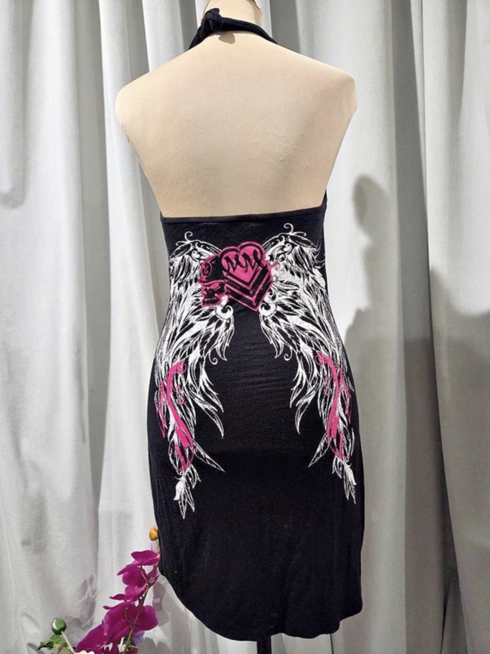 Y2K Metal Mulisha Black & Pink Mini Halter Dress